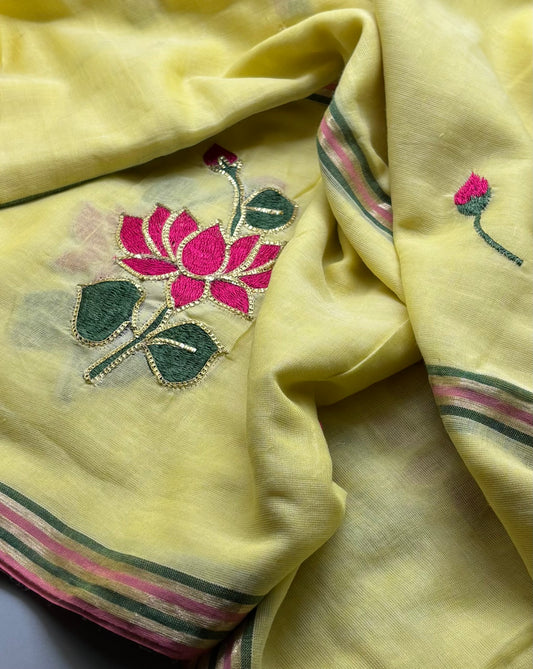 Bengal Mul Cotton - Lotus Embroidery