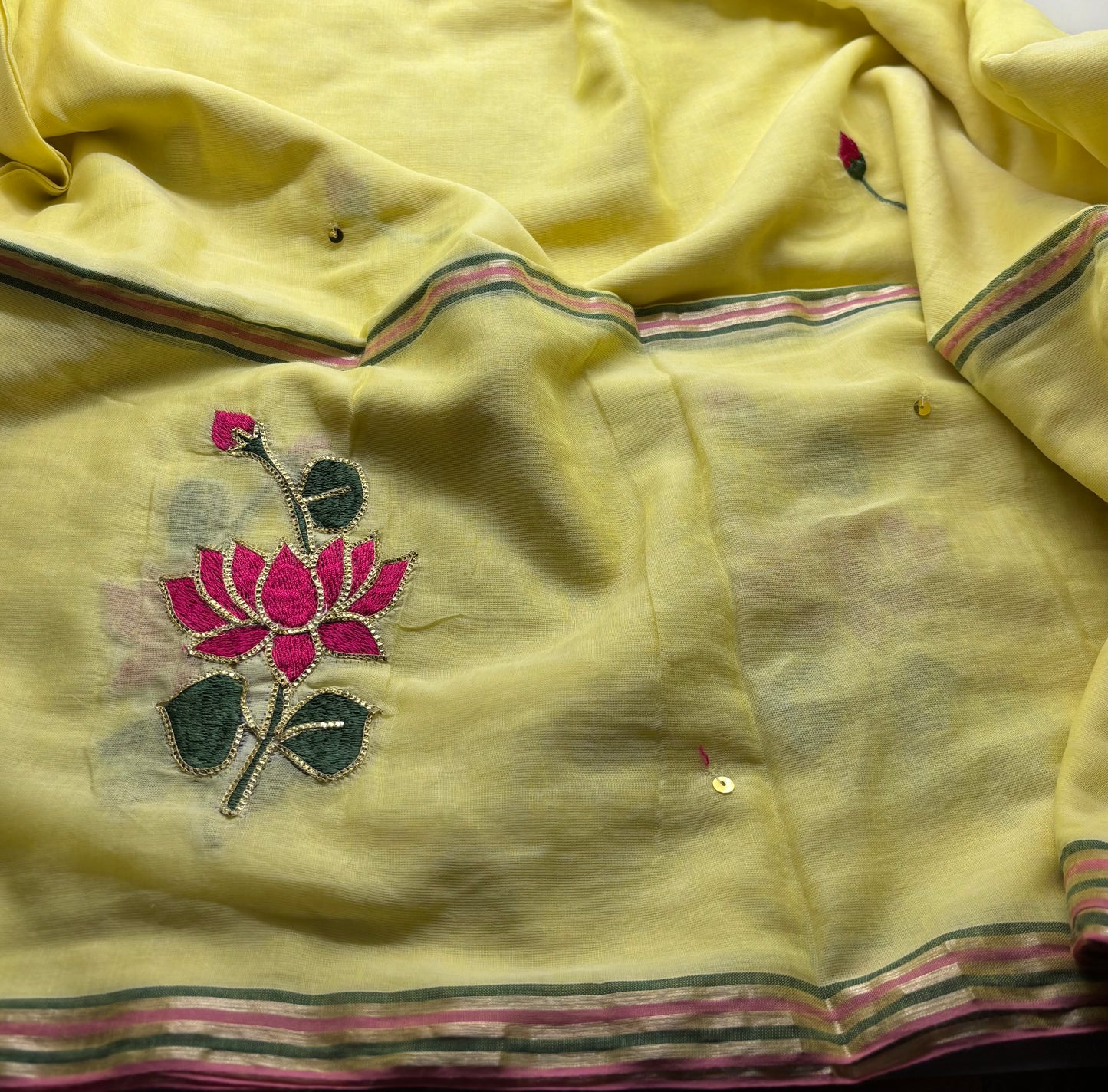 Bengal Mul Cotton - Lotus Embroidery