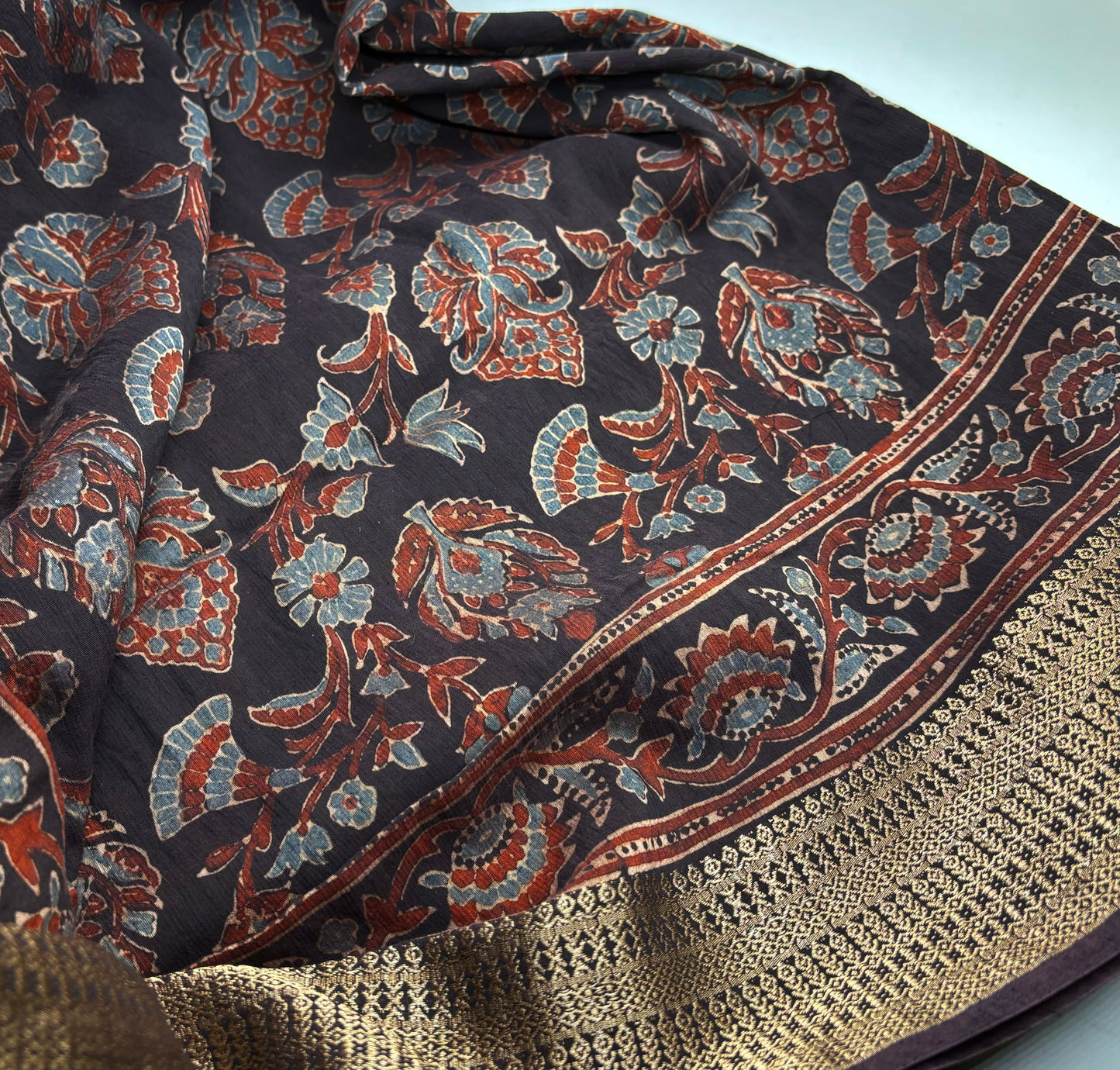 Ajrakh Hand Block Pure Cotton Saree with Zari Border