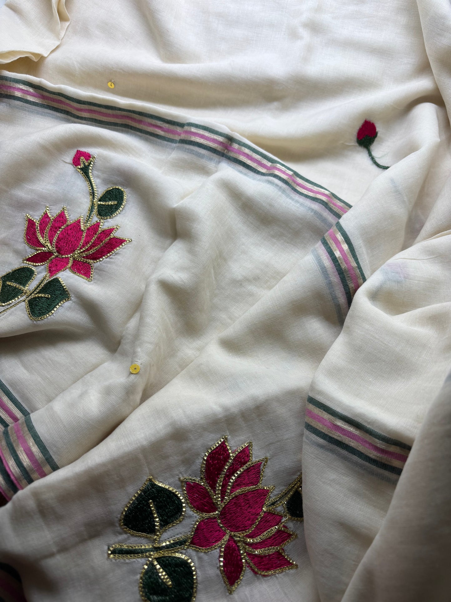 Bengal Mul Cotton - Lotus Embroidery