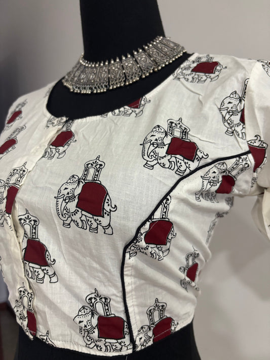 Readymade Cotton Saree Blouse - Ajrakh Print