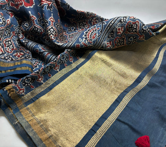 Ajrakh Hand Block Stoles - Chanderi Silk