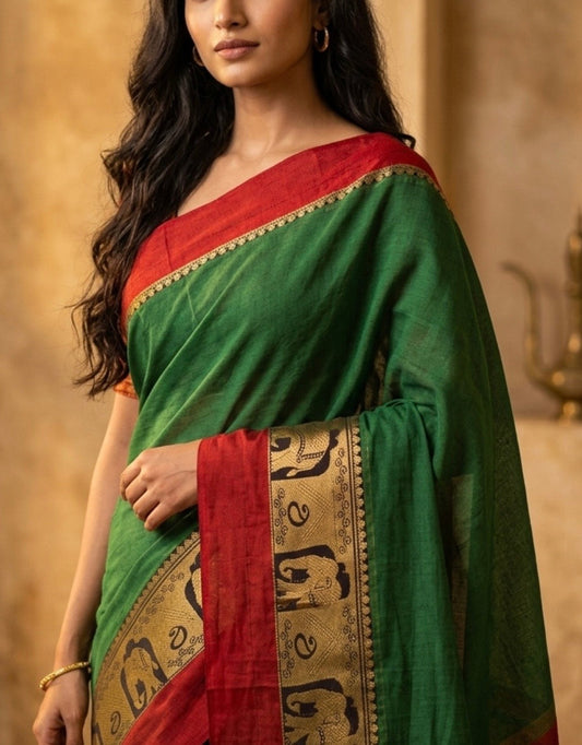 Narayanpet Cotton - Elephant Motif Border