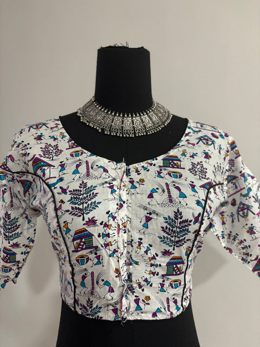 Readymade Cotton Saree Blouse - Ajrakh Print