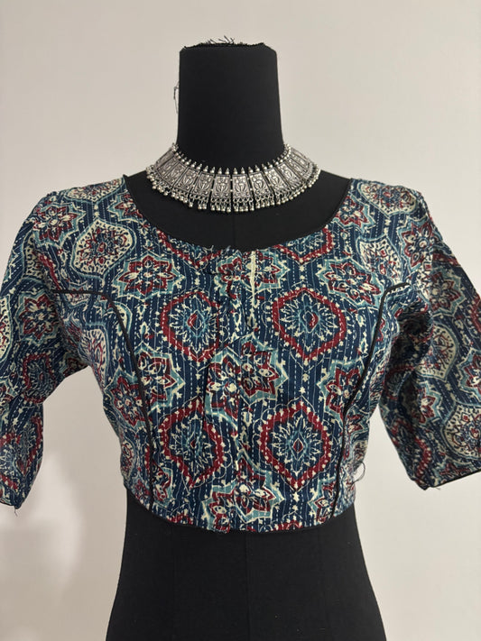 Readymade Cotton Saree Blouse - Ajrakh Print