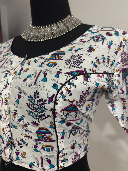 Readymade Cotton Saree Blouse - Ajrakh Print