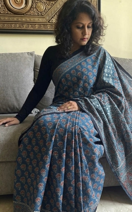 Ajrakh Hand Block Pure Cotton Saree