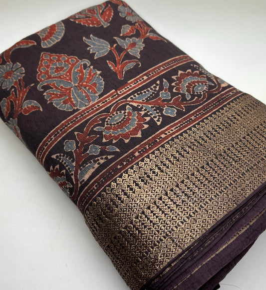 Ajrakh Hand Block Pure Cotton Saree with Zari Border