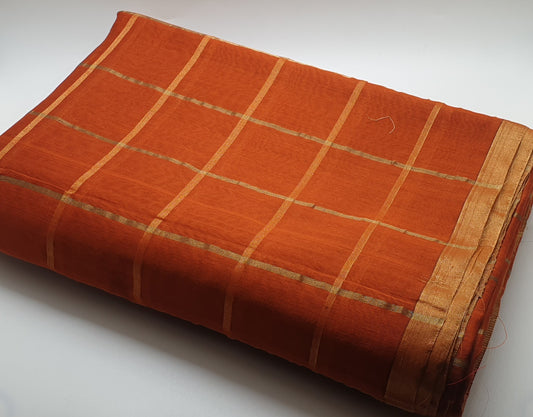 Orange Chequered Gold Zari MAheshwari Cotton